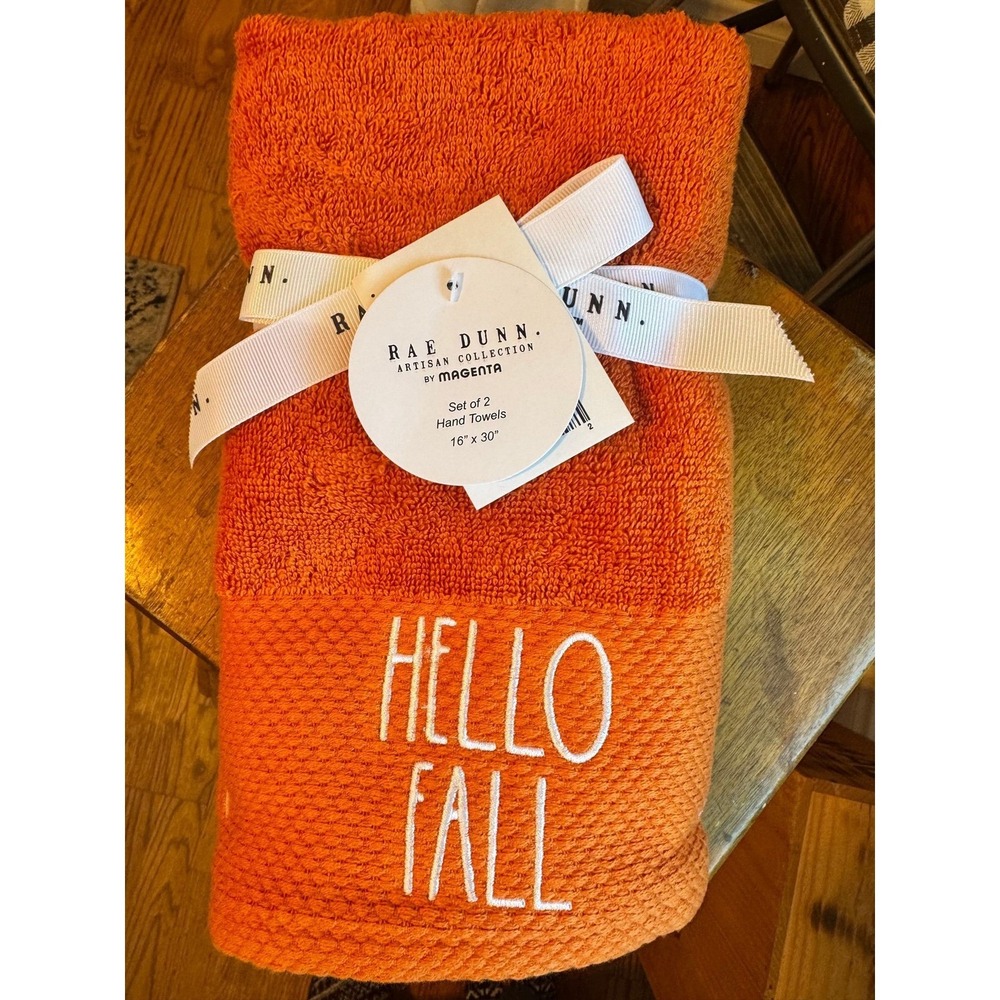 Rae Dunn HELLO FALL orange towel set of 2